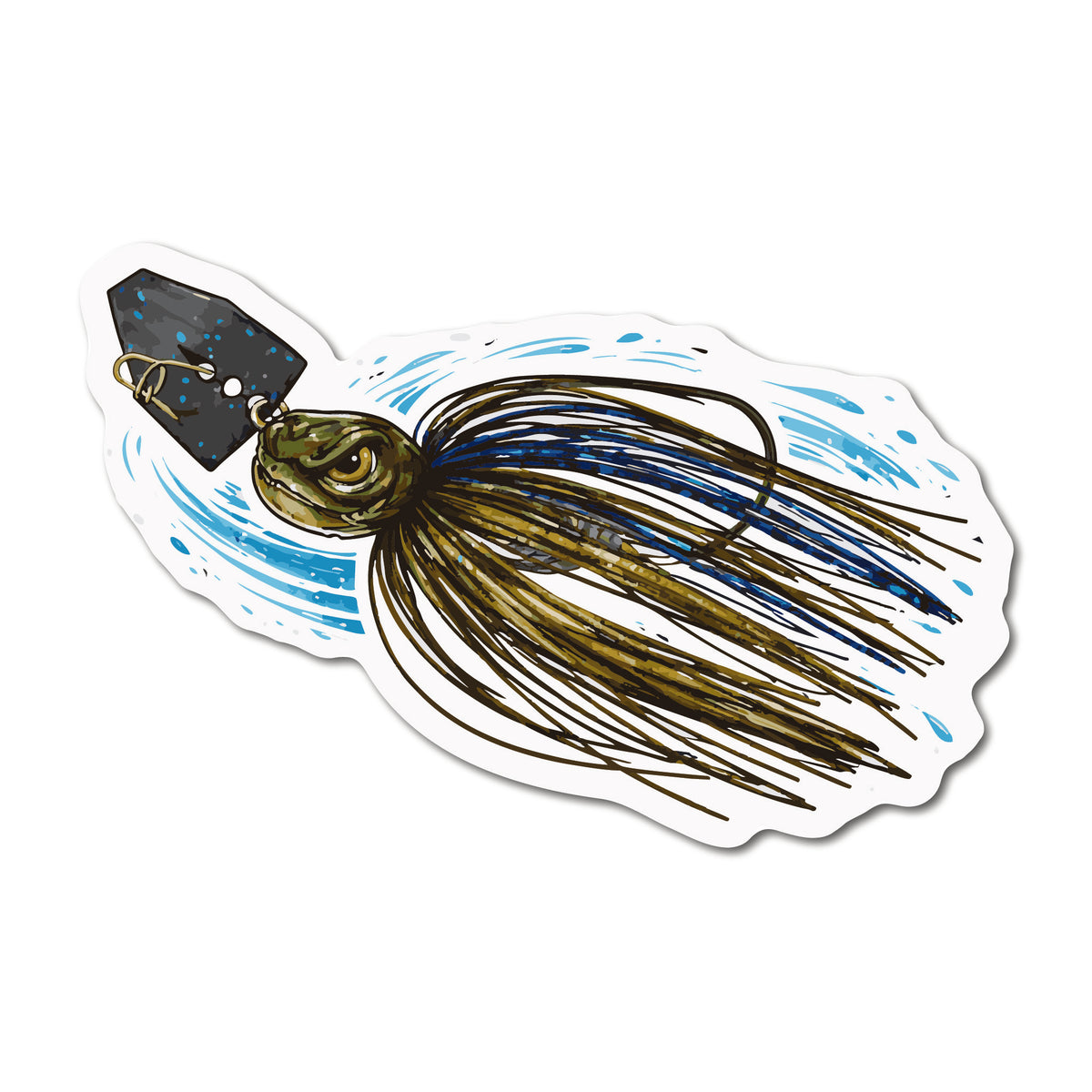 Fishing lure sticker with a blue and green design on a white background