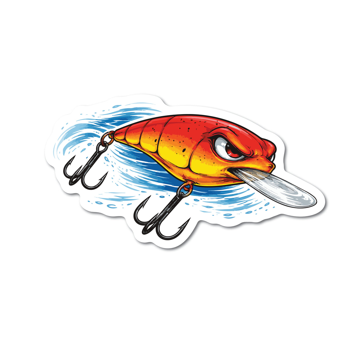Colorful crankbait lure sticker with a blue water splash background