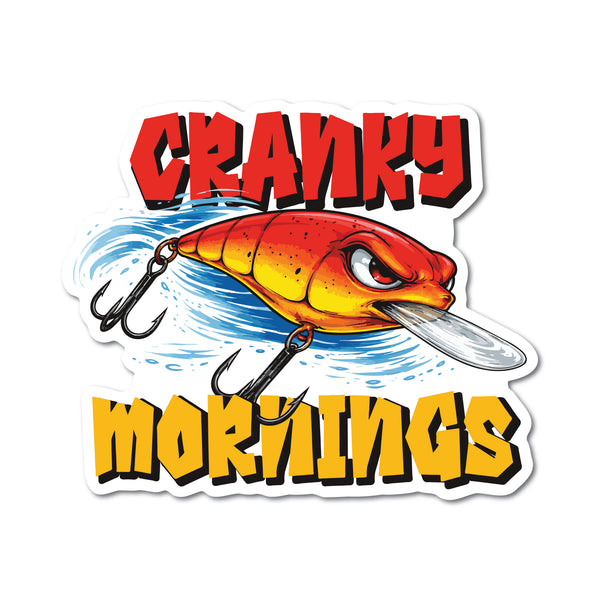 Crankbait lure sticker with 'Cranky Mornings' text on a white background