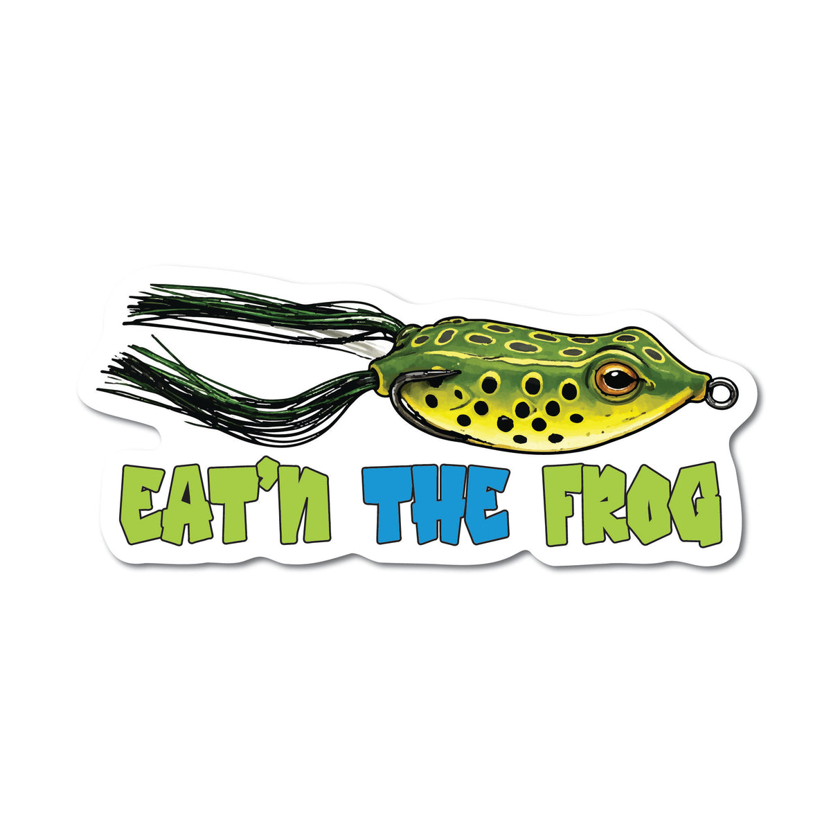 Frog-shaped fishing lure with text 'Eat'n The Frog' on a white background