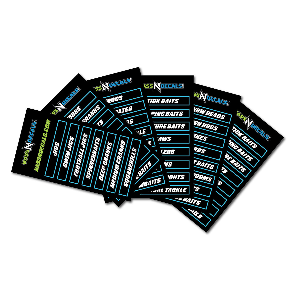 Collection of fishing tackle decal sheets with various text on a white background